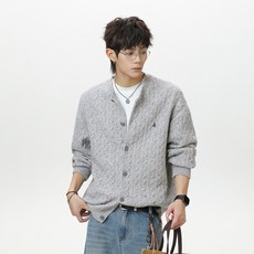 Seonbit 男士 Vernell 日常素色圓領寬鬆麻花針織開襟衫