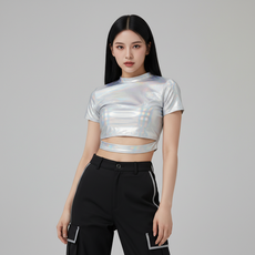 마켓피아 여성용 컷아웃 라운드넥 크롭 반팔 티셔츠
