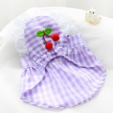 파스텔펫 반려동물 리본 체리 체크 원피스, 퍼플, 1개