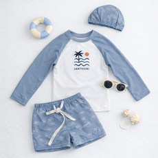 woojooi 兒童聖托里尼防磨衣上衣 + 下身 + 泳帽組