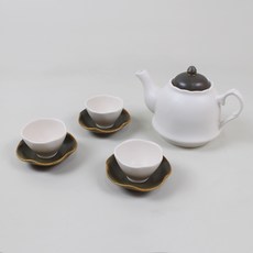 月鹽 韓國傳統陶瓷茶道組, 杏仁, 茶壺 + 茶杯 3入 + 杯墊 3入, 1套