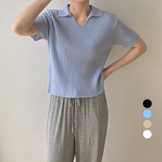 데이템 여성용 카라 골지 반팔 니트