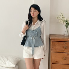 린다샵 라블링 페미닌 셔링 데님 뷔스티에 + 블라우스 세트 cpvt1339k52