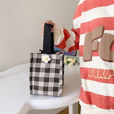 소리달 여성용 백랑 체크무늬 사각 꽃장식 토트백