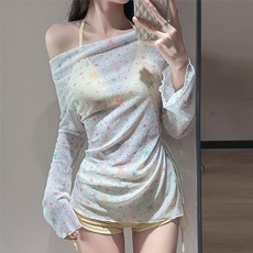 Goodif 女款柔美修身比基尼 + 短褲 + 寬鬆透視上衣泳裝套組, 黃色