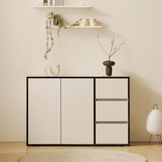 헤이몰리 더엣지 E0등급자재 완제품 3단 서랍 터치도어 높은 거실 수납장 1200 우형 방문설치, 블랙 + 화이트