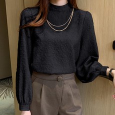 LUNAGIRL 女款素色半高領抓皺長袖襯衫