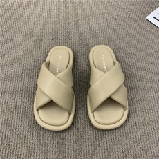 Elsso 女款交叉皮革設計拖鞋, 米色, 225