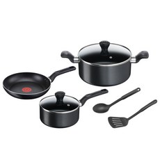 Tefal 特福 Super cook 鍋具組, 黑色, 單柄鍋 含蓋 18cm+雙耳湯鍋 含蓋 24cm+平底鍋24cm+鍋鏟+湯勺, 1組