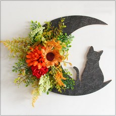月亮貓咪花環門壁飾花圈掛飾, 橘紅色向日葵