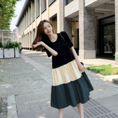 女款寬鬆圓領短袖長款連身裙, 綠色