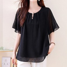 Queenis 女款寬鬆版開衩透視短袖上衣