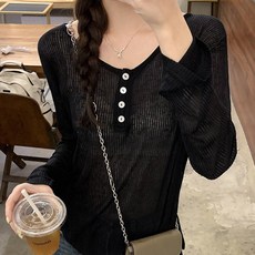 아이엠몽 여성용 리노아 시스루 골지 트임 리본 티셔츠