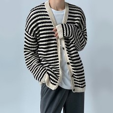 男士時尚潮流條紋撞色寬鬆長袖開襟衫