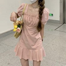 MMMII 女款莉莉抓皺下擺荷葉邊迷你連身裙 MMM212, 粉紅色