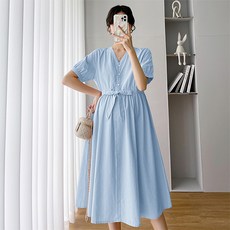 임산부 브이넥 리본 포인트 셔츠st 반팔 롱 원피스