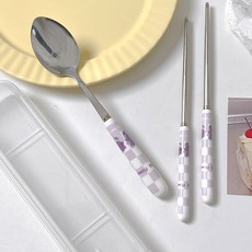 可愛插圖湯匙+筷子+收納盒組, 勺子+筷子+箱子, 1組, 紫色格子