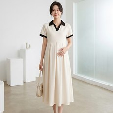 알럽홈 여성용 깔끔 브이넥 칼라 플리츠 롱 임산부 원피스 L263-0299