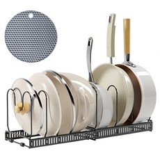 MDYooMarket 可調節長度平底鍋收納架 + 鍋墊組合, 7層, 黑色, 1套