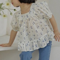 BIENVENU 女童透氣媽媽製拉克蘭方領花朵泡泡袖上衣 3819