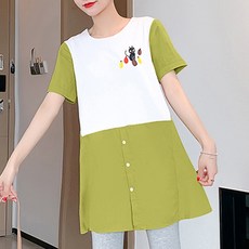 캣츠 배색 단추 썸머 임산부 반소매 미니 원피스