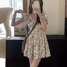 PEONIST 花朵法式迷你連身裙, 01象牙白