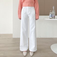 Planday 女性雙面口袋高腰水洗寬版丹寧長褲