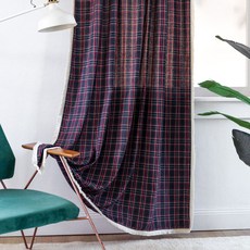 韓國 GNY 格紋流蘇穿桿式窗簾, 海軍藍