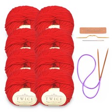 미소털실 트와이즈 뜨개실 8p + 가죽라벨 + 바늘 패키지 세트, 1세트, 409 레드