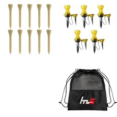 NAYASTYLE 高爾夫標準木製球釘 10入 + 分離式高爾夫長球釘 黃色金屬 5入 + 收納袋套組 GFYP-182-2 166-8PU, 混合色