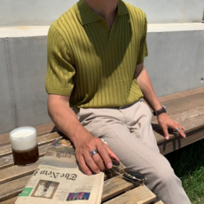 마켓에이 남성용 커스 라인 카라 반팔 니트 T25SS3-A1801