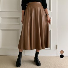 무드인더 여성용 뒷밴딩 플레어 가죽 롱 스커트