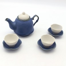 月鹽 韓國產 霧面 陶瓷 茶壺 + 茶杯 茶具組, 鋼鐵藍, 1套