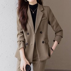 Queenis 女款雙排扣日常西裝外套+長褲套裝