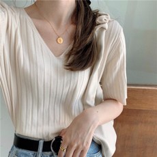 구디프 여성용 파이 V넥 반팔 골지 티셔츠