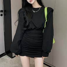 MarketA 女款抓皺休閒迷你連身裙 含大尺碼, 黑色