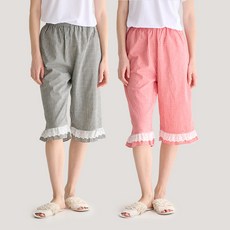 테라우드 여성용 리썸 체크 레이스 7부 파자마 바지 2종 세트