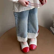 EYOUMONG 兒童寬鬆版型牛仔鉤針蝴蝶結寬版長褲 E6S232