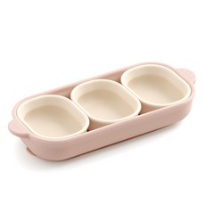 Tackaon 123 嬰幼兒矽膠配料碗3入 + 餐盤組, 1組, 澆頭球 3p + 盤子, 象牙色(盛菜碗)、米粉色(盤子)