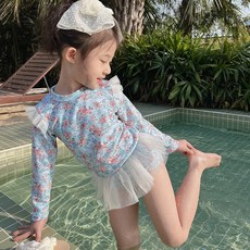 이유몽 여아용 로플라 레이스 프릴 플라워 긴팔 수영복