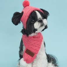 DOG-i 狗狗針織毛球帽 + 圍巾組, 珊瑚粉