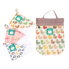 Coney Island 女童拼接圖案印花掛繩毛巾組 3入+防水手提袋組 C款, Vintage Duck, Vintage Giraffe Pink, Penguin, 1套