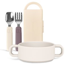 마더케이 실리콘 스푼 + 포크 + 케이스 + 실리콘 양손 이유볼 세트, 아이보리(스푼), 퍼플(포크), 아이보리(이유볼), 1세트