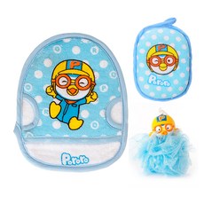 Pororo嬰兒沐浴手套+沐浴海綿+娃娃沐浴球, 藍色, 1組