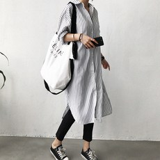 Raratina 女款Sienna寬鬆版條紋長版襯衫, 黑色