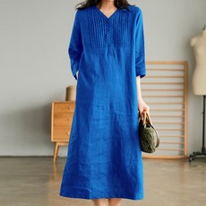 마켓에이 여성용 통기성 브이넥 버튼 심플 미시 원피스 빅사이즈 포함