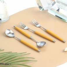 Bogen 韓國製 Le Bien 緞面茶匙 + 叉子 雙人組 芥末黃, 1套, 茶匙 2入 + 茶叉 2入