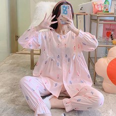 Damon 孕婦 木紋圖案 圓領 蝴蝶結 睡衣 上下套裝 ana317