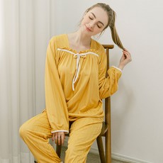 안나앤코 여성 파스텔 프릴 리본 긴팔 잠옷 파마자 상하의 세트