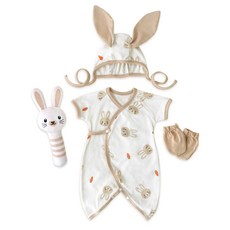 ikii 嬰幼兒用柔軟純棉鏤空新生兒連身衣套裝 + 搖鈴娃娃 短袖